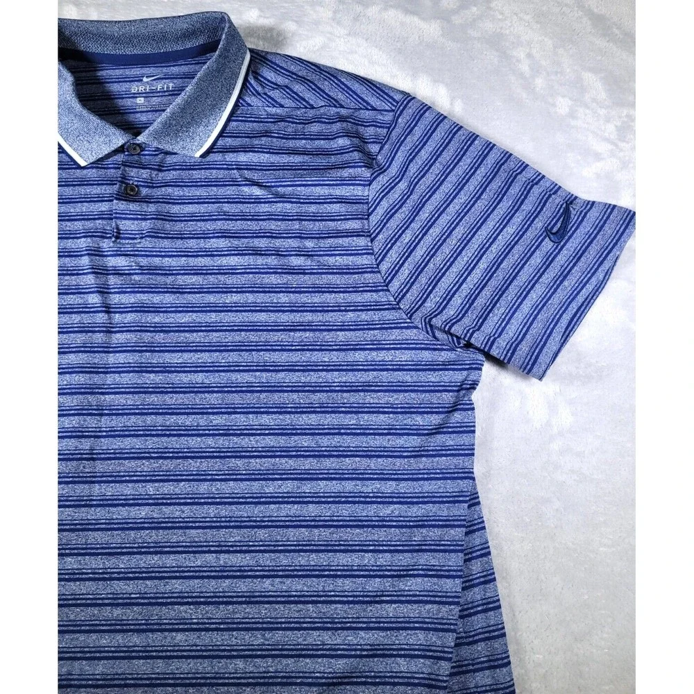 Nike Shirt Mens XL Polo Blue Striped‎ Dri-Fit Stretch Golf Short Sleeve Swoosh
